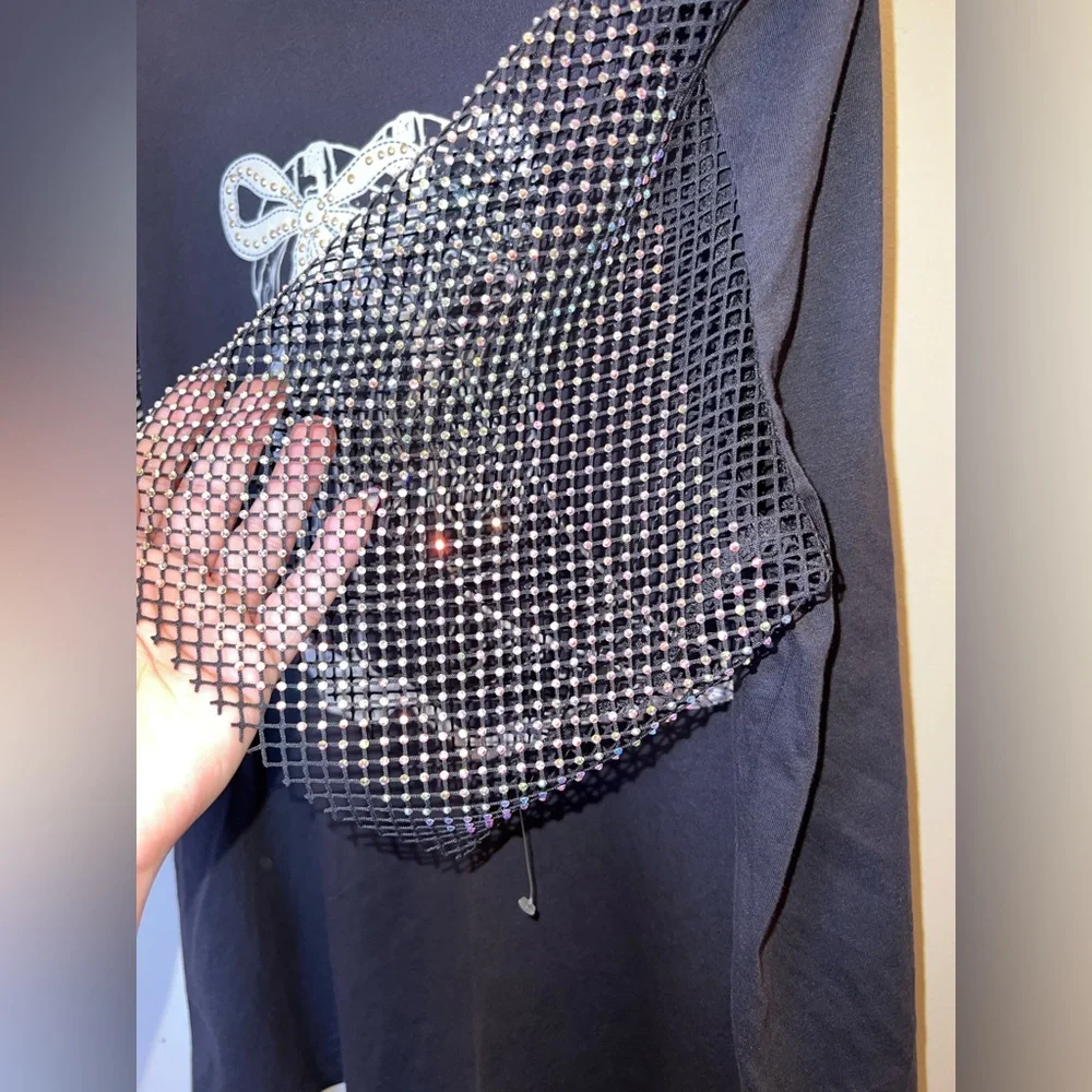 Threads On 9th Western Boots Graphic Tee w/ Rhinestone Mesh Sleeves XL - Picture 6 of 8